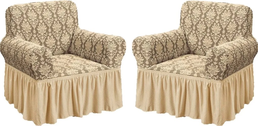Set 2 Huse elastice pentru fotolii, cu volanas si model Jacquard Bej