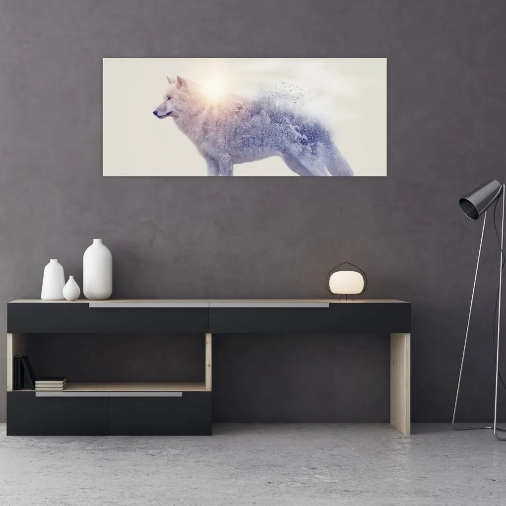 Tablou - Lupul arctic oglindit în peisaj sălbatic (120x50 cm)