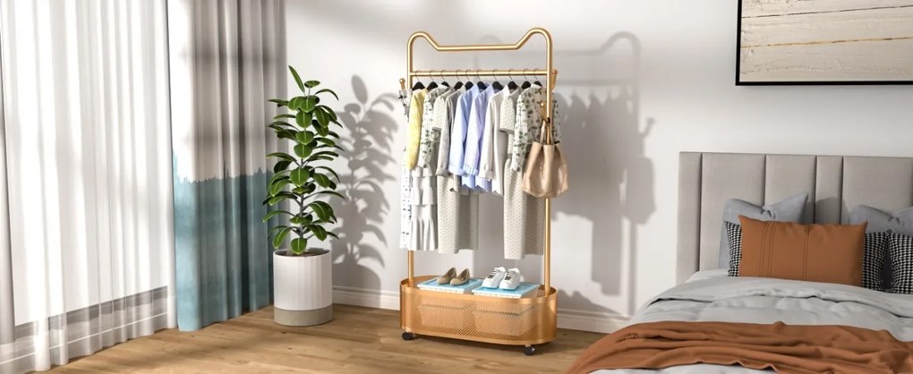 SUAU8 - Suport Haine cu spatiu depozitare, 180 cm inaltime, pentru haine, dressing, dormitor - Auriu / Alb