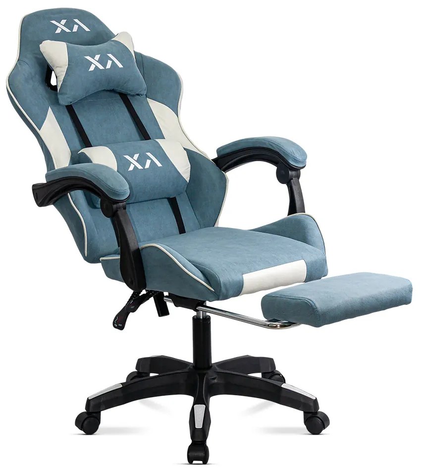 Scaun de gaming bleu din stofa cu suport de picioare OFF 295