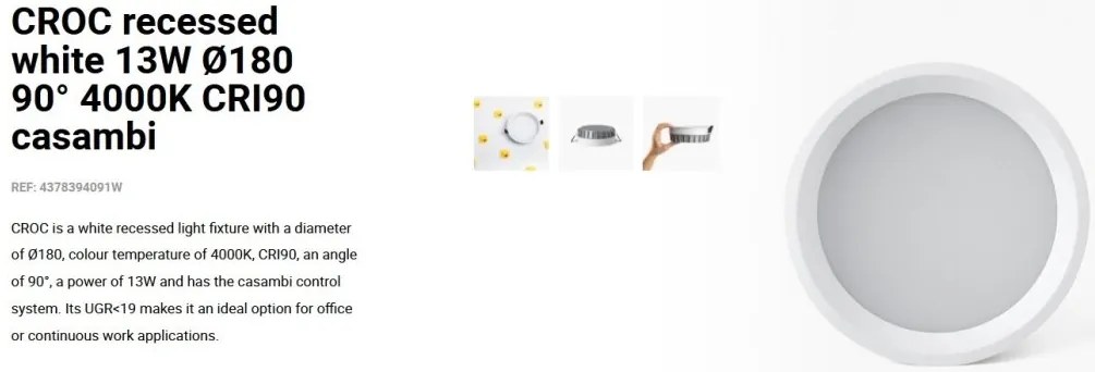 Spot LED incastrabil recessed white 13W 18cm 90 grade 4000K CRI90 casambi