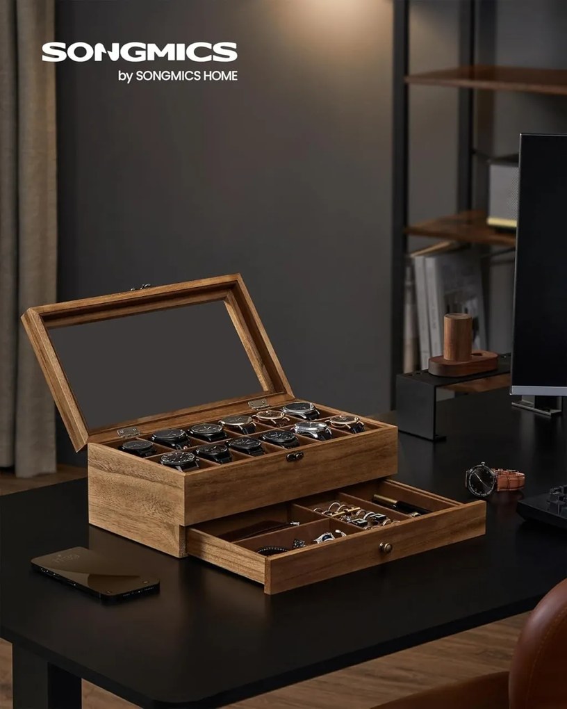 Cutie de ceasuri, Songmics, 19 x 34 x 12.5 cm, JOW012K01, Maro