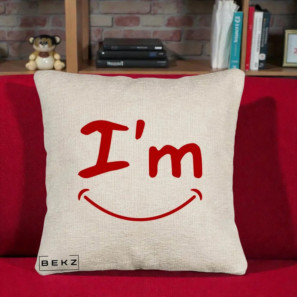 Perna Decorativa I'm Happy Smile, 40x40 cm, Bej Canapea, Husa Detasabila, Perna Inclusa, BEKZ®