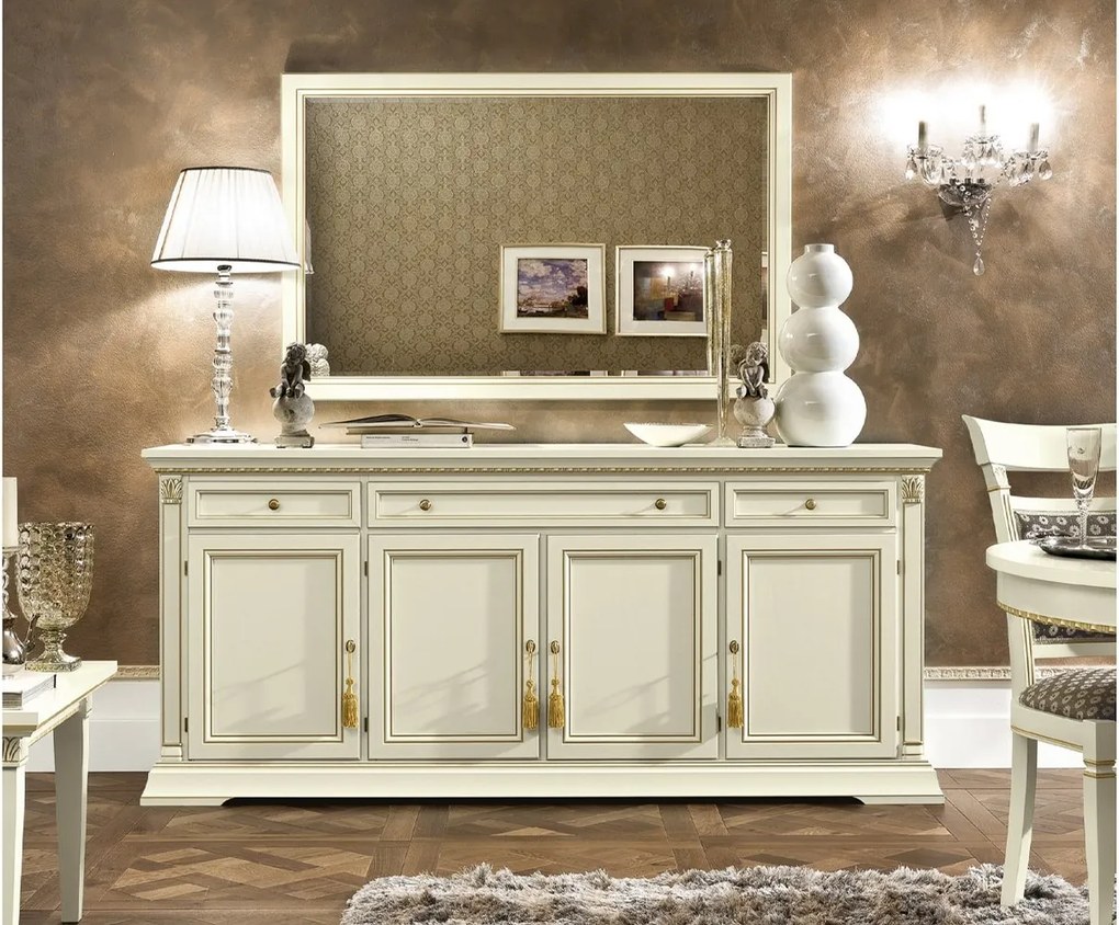 Comodă lemn masiv crem Victoria Patinat, 202 × 50 × 90 cm