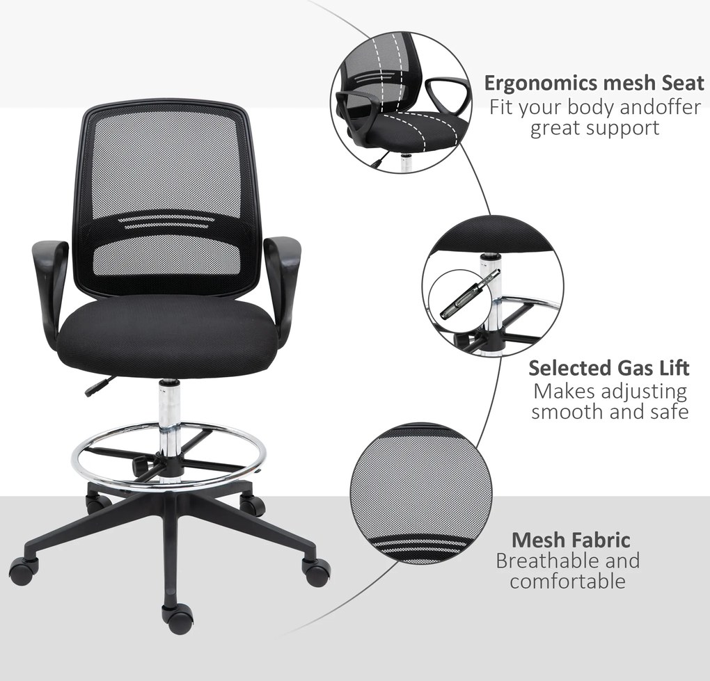 Vinsetto Scaun de birou șezut înalt reglabil taburet birou pivotant 360° plasă respirabilă | Aosom Romania