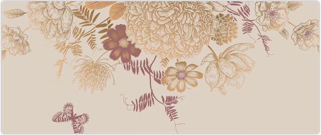 Tablou - Vintage, flori și fluturi (120x50 cm)