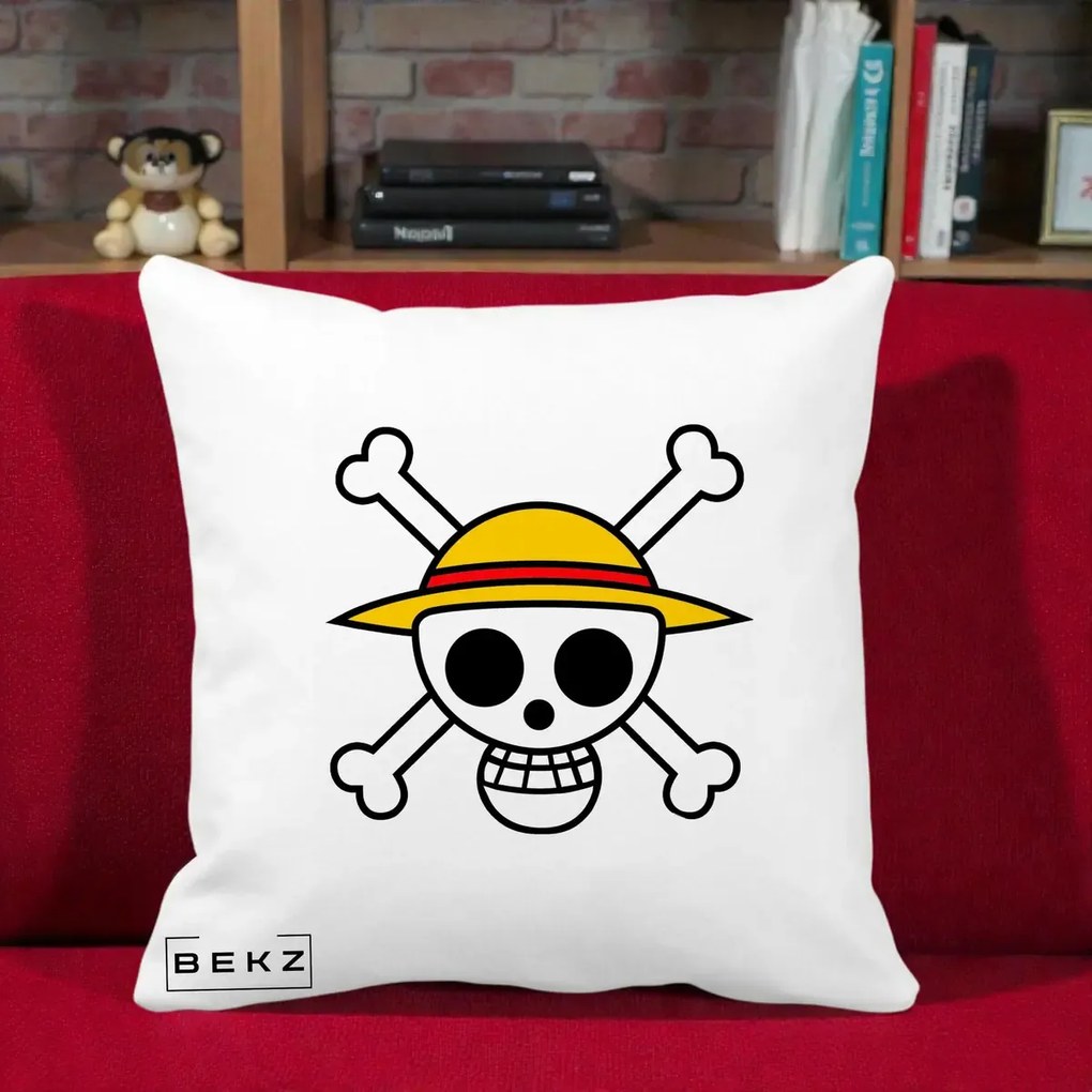 Perna Personalizata One Piece Jolly Roger Straw Hat Pirates, 40x40 cm, Alba Mata, Husa Detasabila, Perna Inclusa, BEKZ®