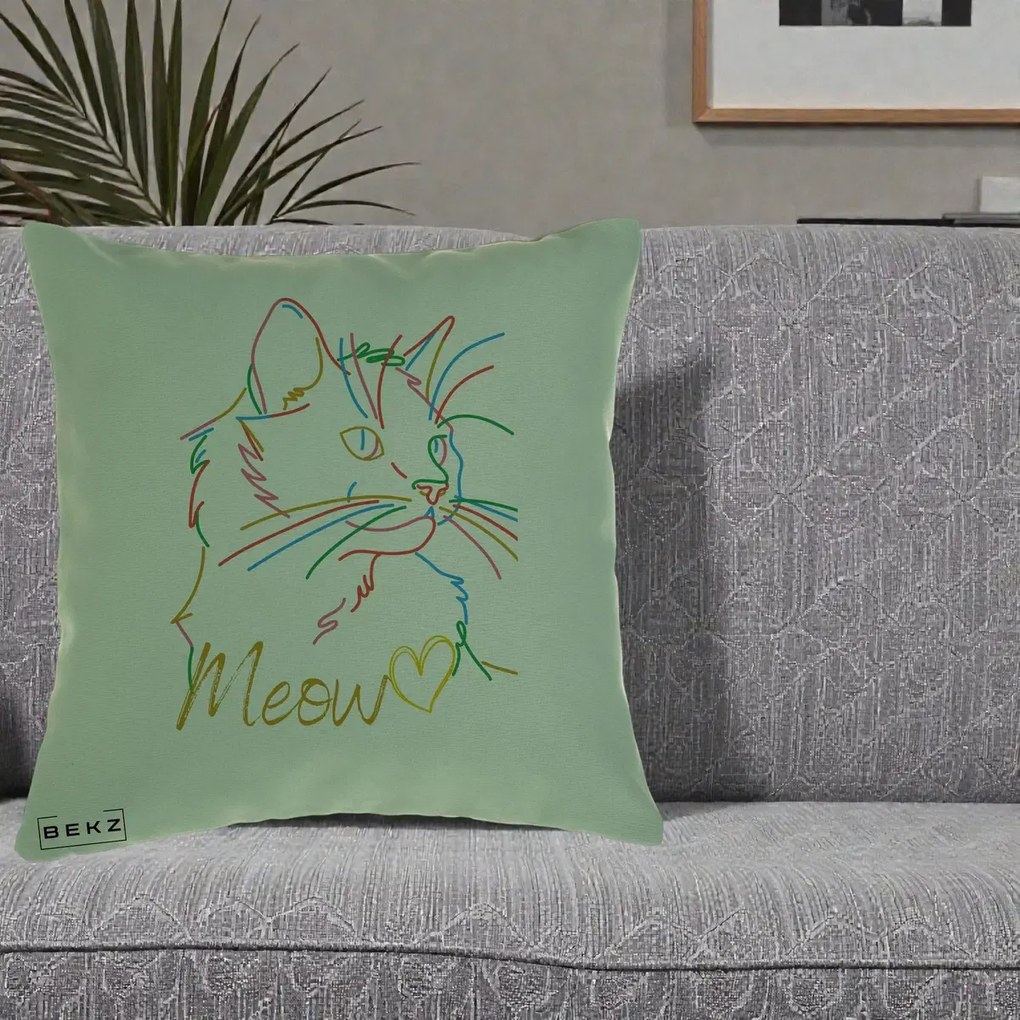 Perna Personalizata Pisica Meow Arta Linie Colorata, 40x40 cm, Verde, Husa Detasabila, Perna Inclusa, BEKZ®