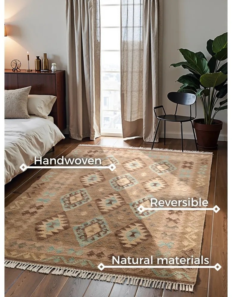 Covor albastru deschis-bej reversibil, țesut manual din lână 160x230 cm Kamal Dune – Nouristan