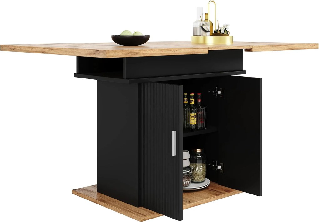 Masă extensibilă de sufragerie cu 3 niveluri de depozitare, 110-140×70×76 cm, Negru