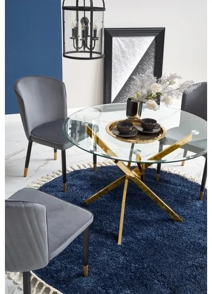 Masă de dining ESTEN, blat din sticlă transparentă/cadru auriu