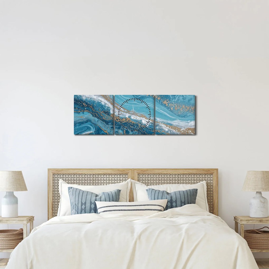Tablou - Marmură bleu cu aur I. (cu ceas) (90x30 cm)