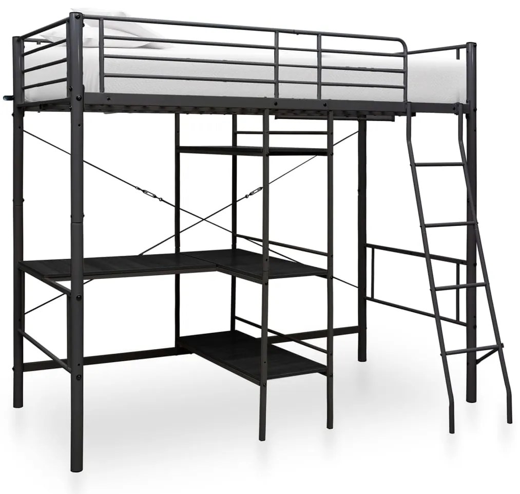 vidaXL Cadru de pat supraetajat cu masă, negru, 90 x 200 cm, metal