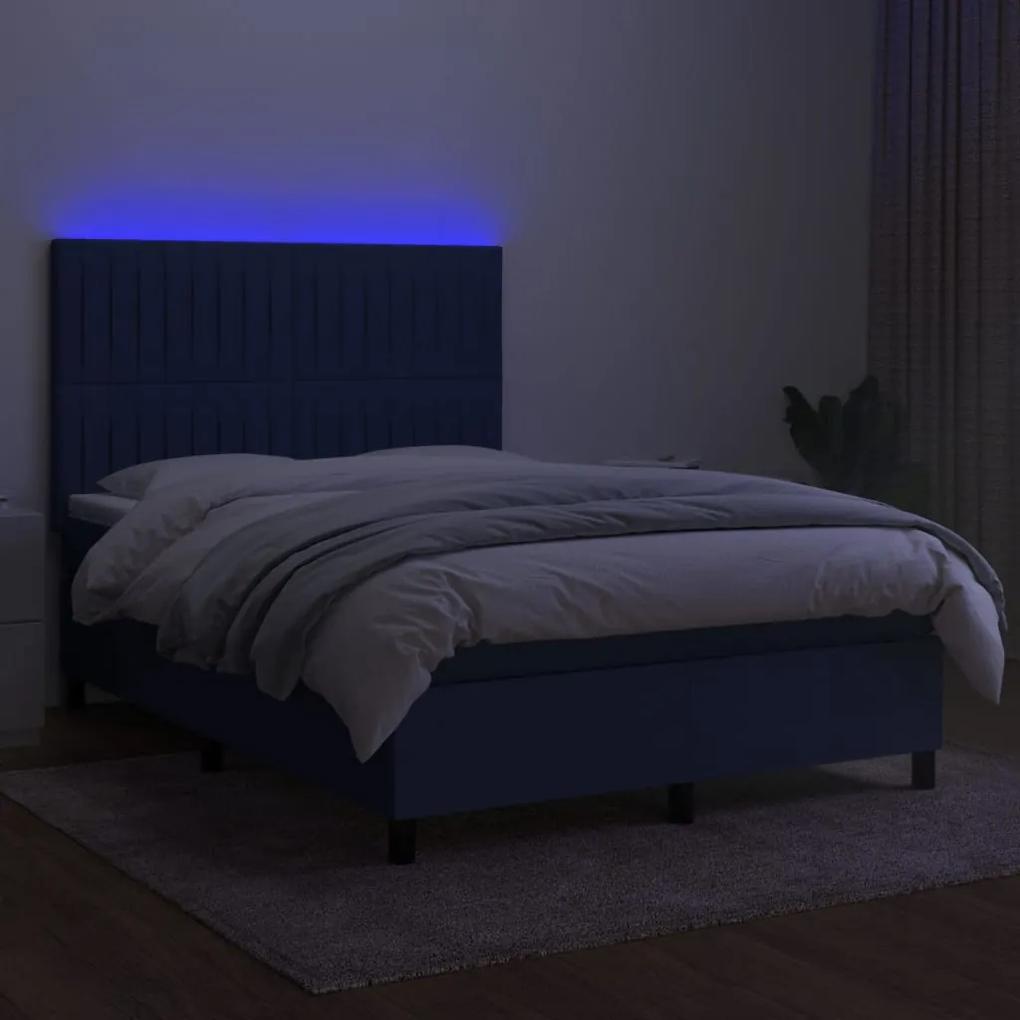 Pat cu arcuri, saltea si LED, albastru, 140x190 cm, textil Albastru, 140 x 190 cm, Benzi verticale