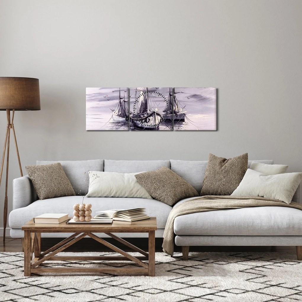 Tablou - Port marin, pictură în ulei (cu ceas) (90x30 cm)