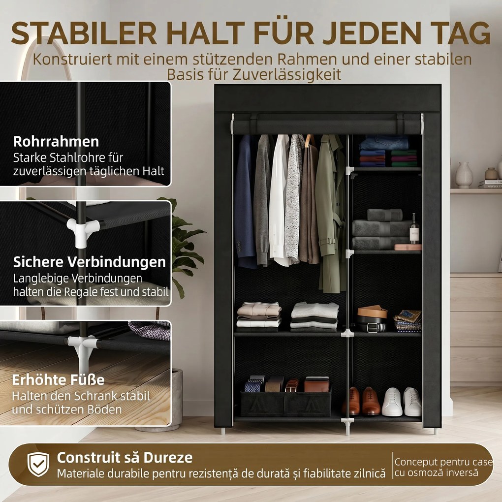 HOMCOM Dulap Portabil din Material, Dulap cu 6 Rafturi Deschise, 1 Bară și Ușă cu Fermoar, 103x43x162,5 cm, Negru | Aosom Romania