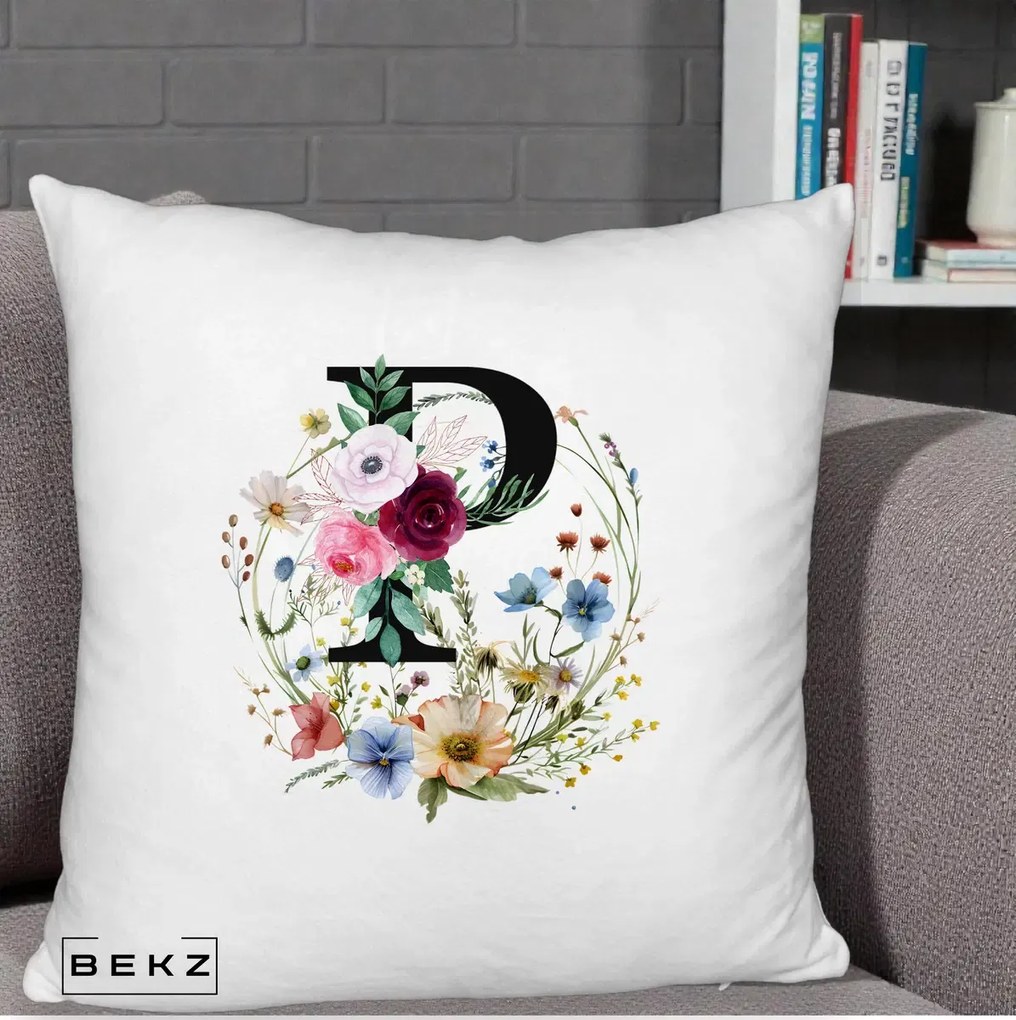 Cadou Personalizat - Perna Personalizata Monogram Litera P cu Flori Acuarela, 40x40 cm, Alb Pufos, Husa Detasabila, Perna Inclusa, BEKZ®