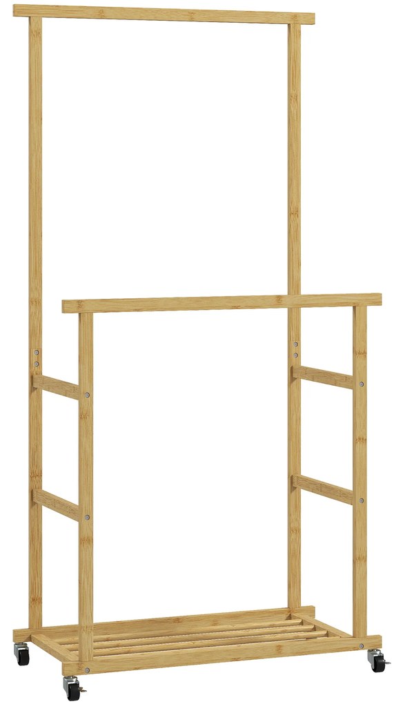 HOMCOM Suport pentru haine cu 2 bare, raft inferior și 4 roți din bambus, 80x40x160 cm, lemn natural | Aosom Romania