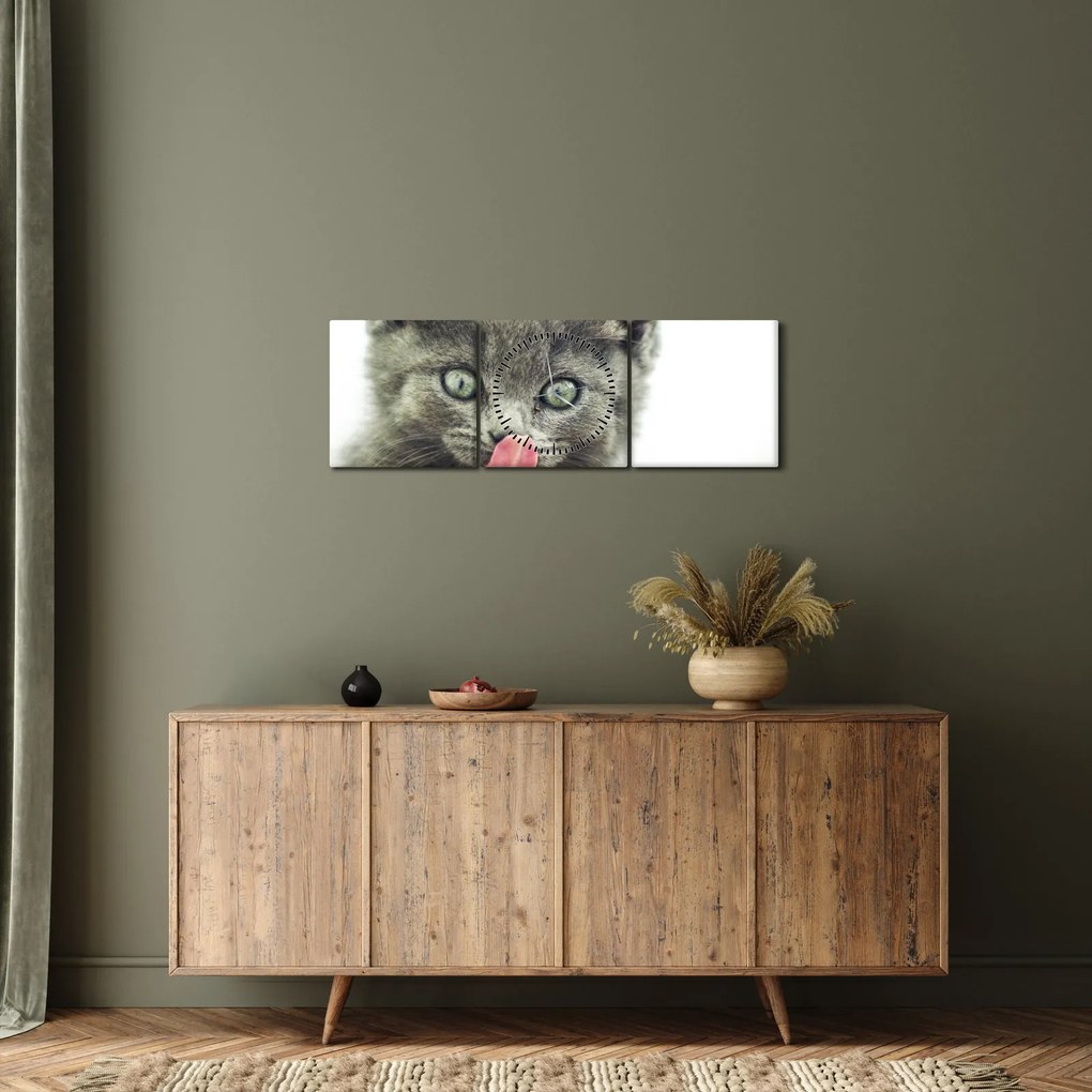 Tablou cu pisicuța lingându-se (cu ceas) (90x30 cm)