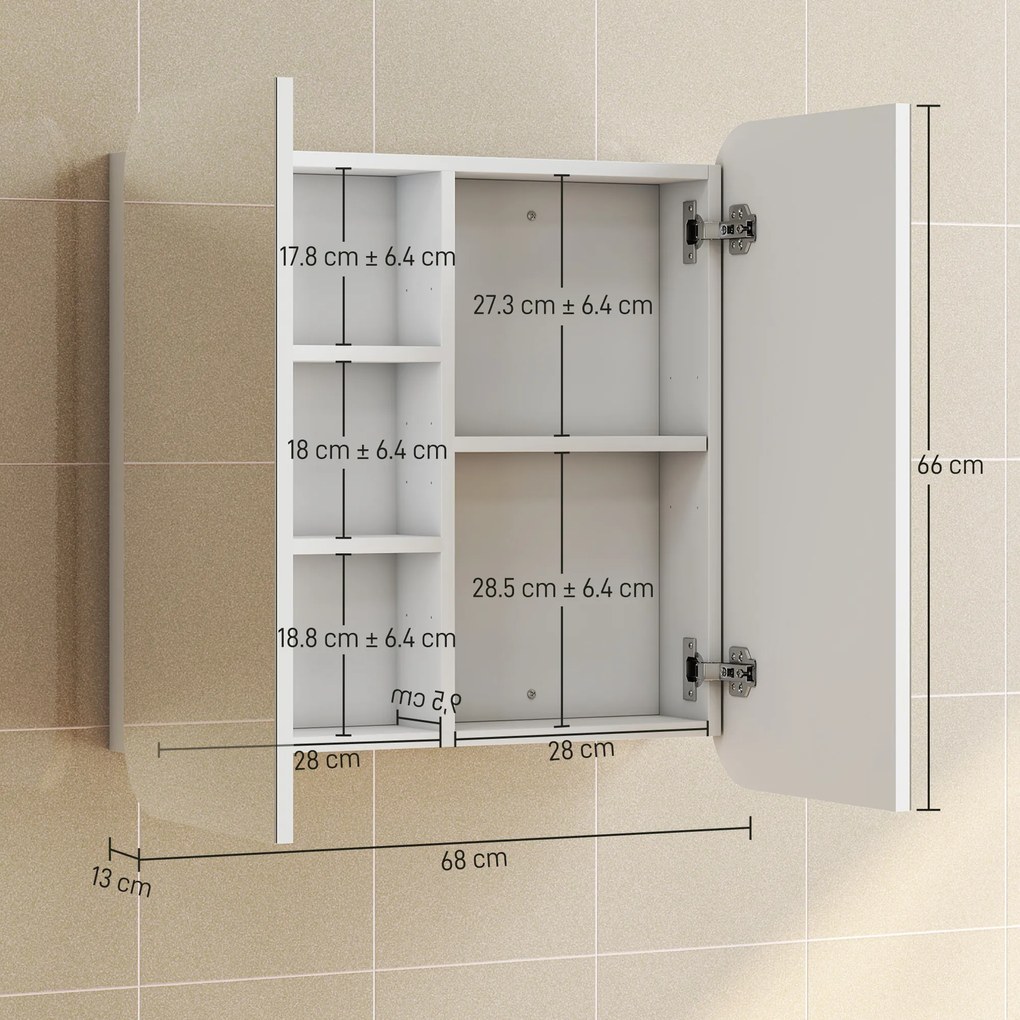 HOMCOM Dulap de perete pentru baie cu oglindă arcuită mobilier pentru baie rafturi reglabile uși oglindă 68 x 13 x 66 cm alb | Aosom Romania