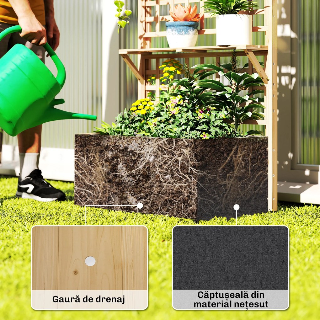 Outsunny Strat Înălțat din Lemn cu Suport și Acoperiș, Fiorieră Elevată pentru Exterior cu 2 Rafturi, Orificiu de Drenare și Material Textil pentru Plante Cățărătoare, Legume și Flori, Natural | Aosom Romania
