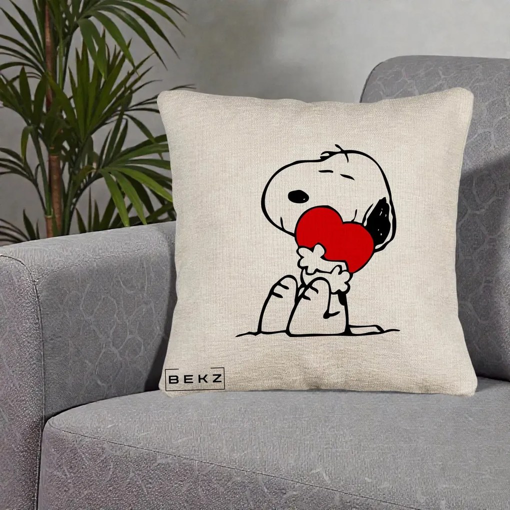 Perna Personalizata Snoopy cu Inima, 40x40 cm, Bej Canapea, Husa Detasabila, Perna Inclusa, BEKZ®