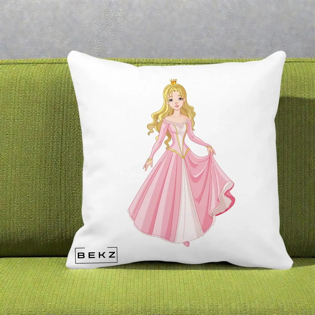 Perna Decorativa Printesa Aurora Rochie Roz, 40x40 cm, Alba Mata, Husa Detasabila, Perna Inclusa, BEKZ®