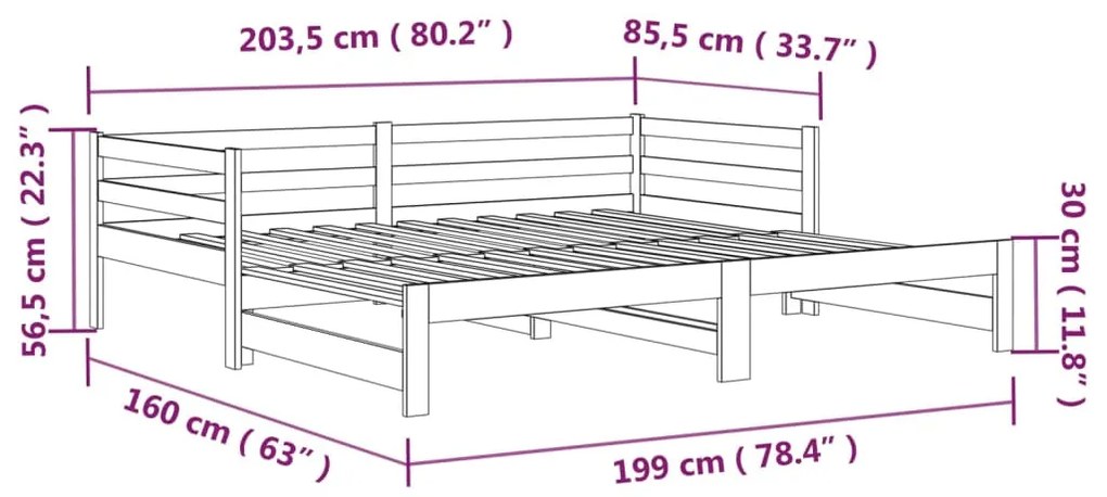 Pat de zi extensibil, 2x(80x200) cm, lemn masiv de pin Maro