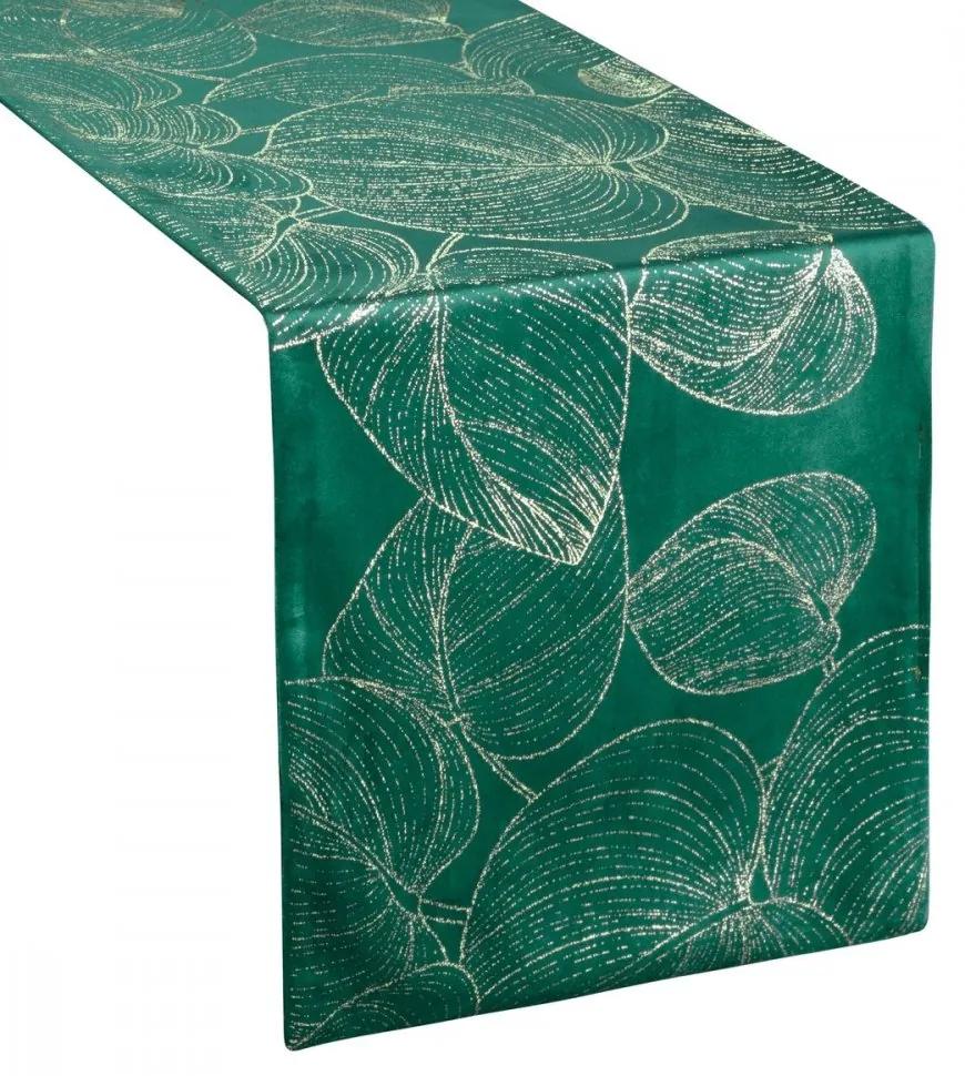 Traversa pentru masa centrală din catifea cu imprimeu de frunze verzi lucioase Lățime: 35 cm | Lungime: 180 cm