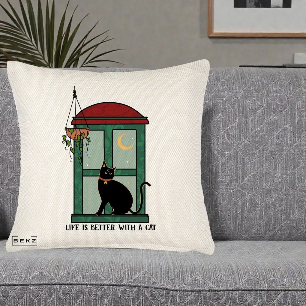Perna Personalizata Life is Better with a Cat Geam, 40x40 cm, Crem Reliefat, Husa Detasabila, Perna Inclusa, BEKZ®