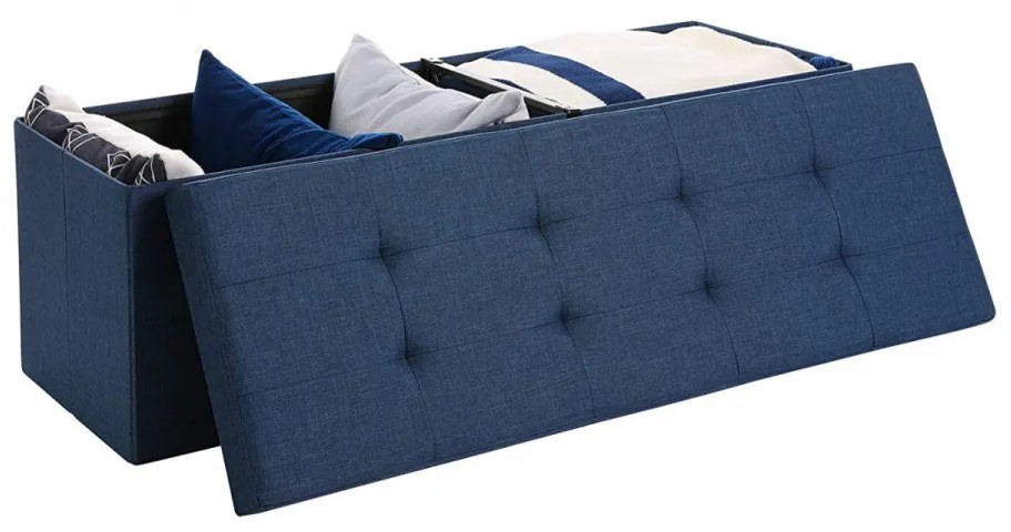 Bancheta cu spatiu depozitare, textil / MDF, albastru marin, Songmics