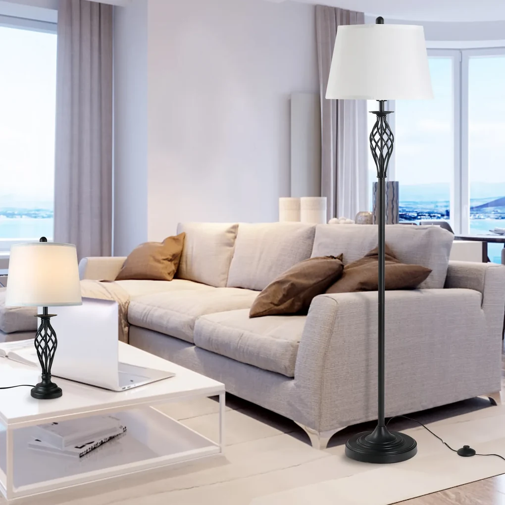 HOMCOM Set 3 Lampi pentru Interior (2 de Masa si 1 de Podea), Design Modern, pentru Living sau Dormitor | Aosom Romania