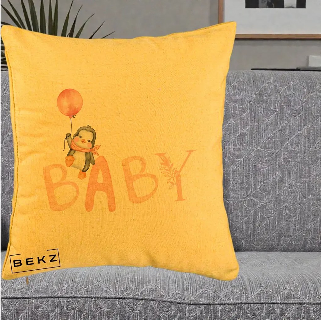 Perna Personalizata Baby Pinguin Roz, 40x40 cm, Galben, Husa Detasabila, Perna Inclusa, BEKZ®