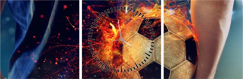 Tablou - Minge de fotbal în flăcări (cu ceas) (90x30 cm)