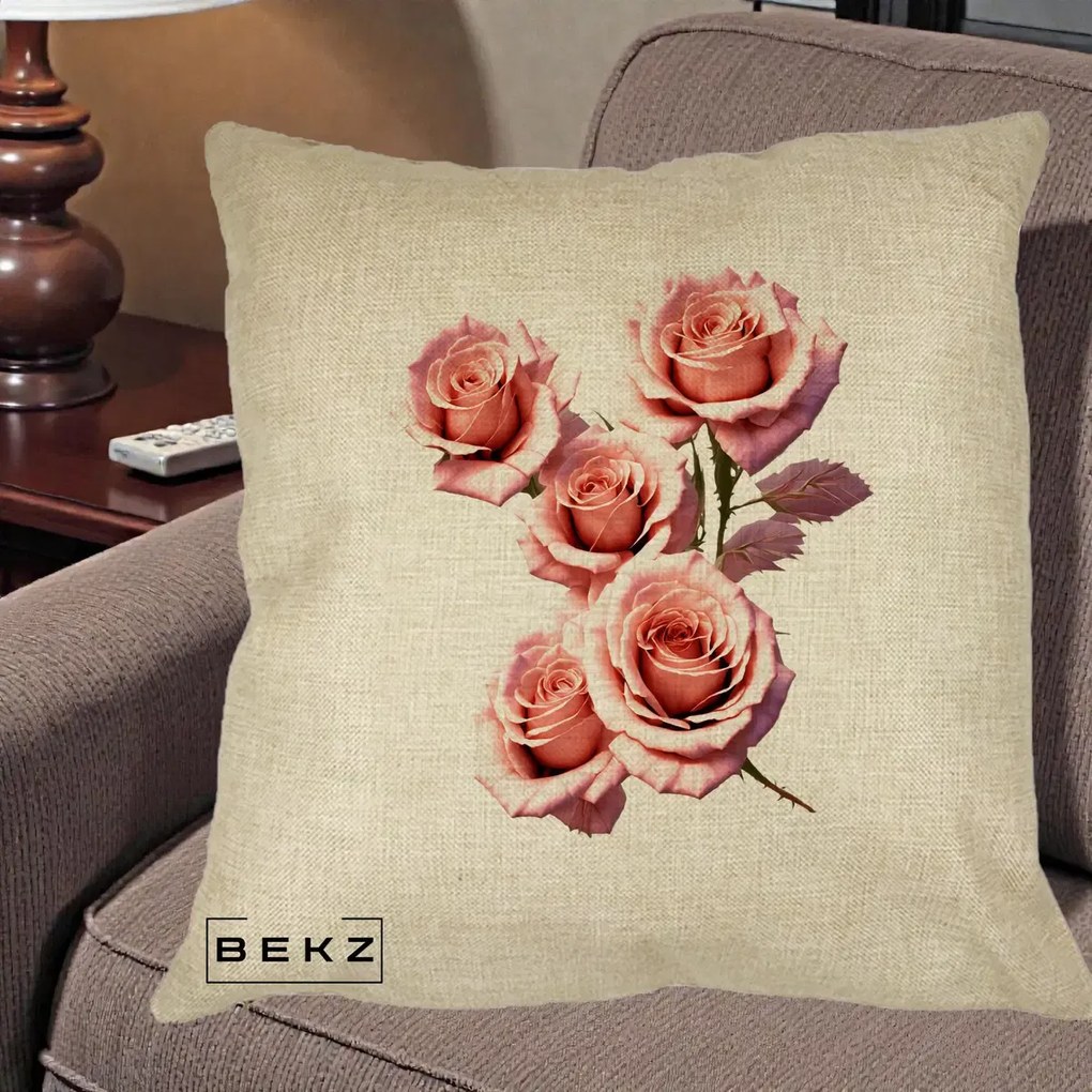 Perna Decorativa Trandafiri Roz Pastel Acuarela, 40x40 cm, Crem, Husa Detasabila, Perna Inclusa, BEKZ®