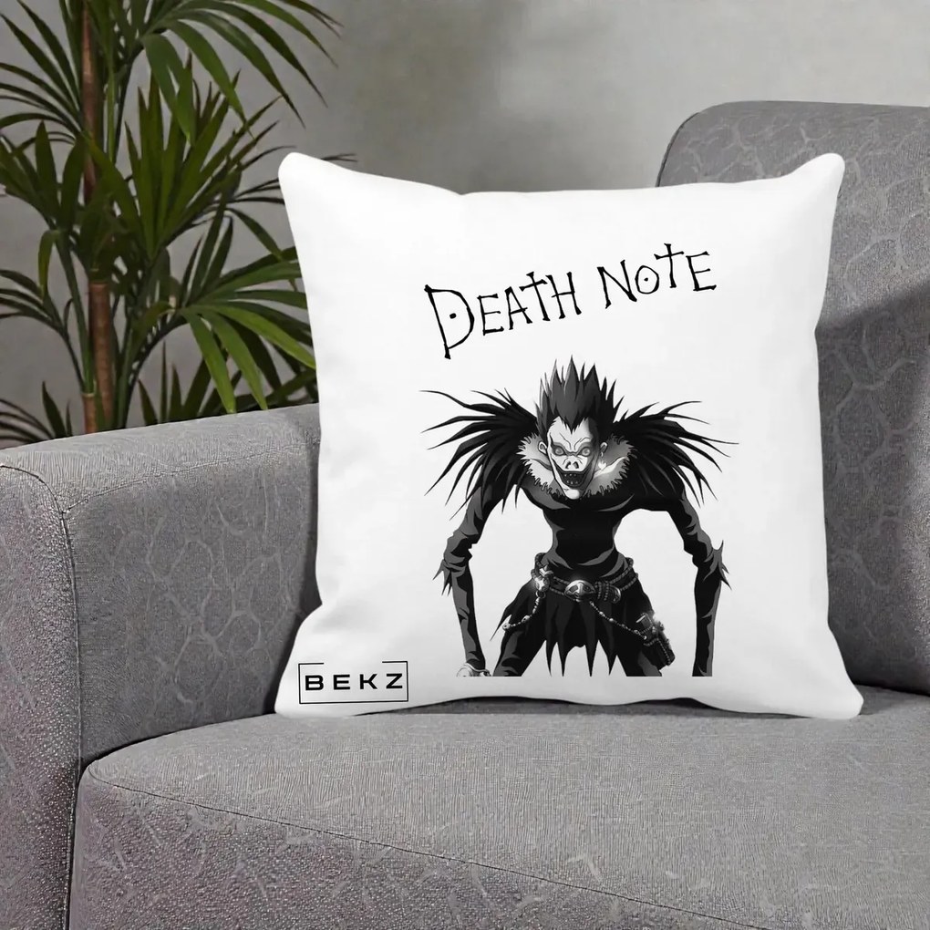 Perna Personalizata Death Note Ryuk Shinigami Alb-Negru, 40x40 cm, Alba Mata, Husa Detasabila, Perna Inclusa, BEKZ®