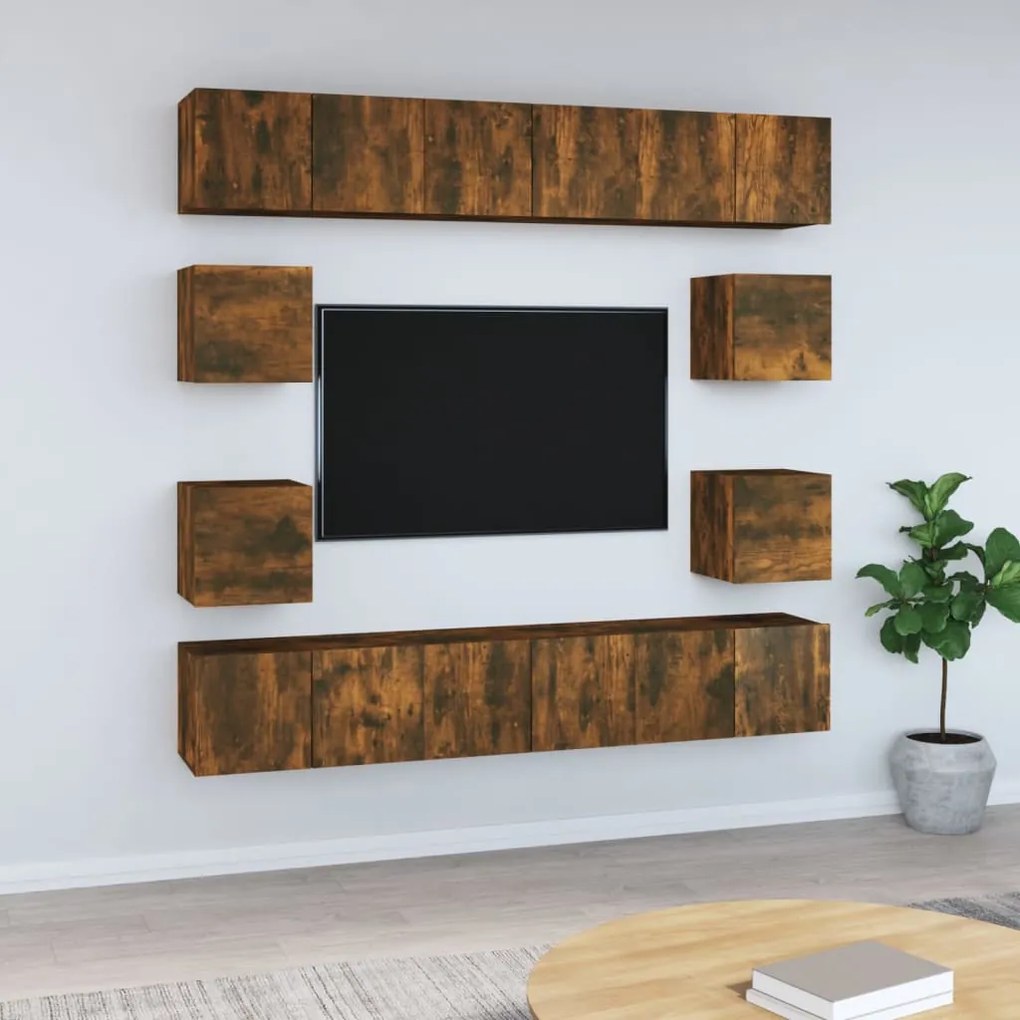 3120215 vidaXL Set dulapuri TV, 10 piese, stejar fumuriu, lemn prelucrat