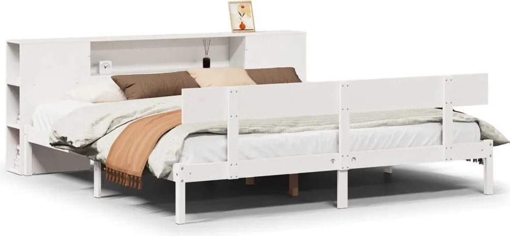 vidaXL Pat cu bibliotecă fără saltea, alb, 200x200 cm, lemn masiv pin