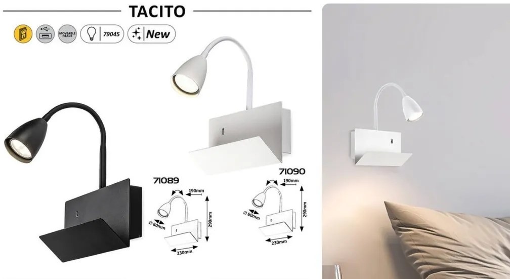 Aplica de perete cu spot directionabil si port USB Tacito alb