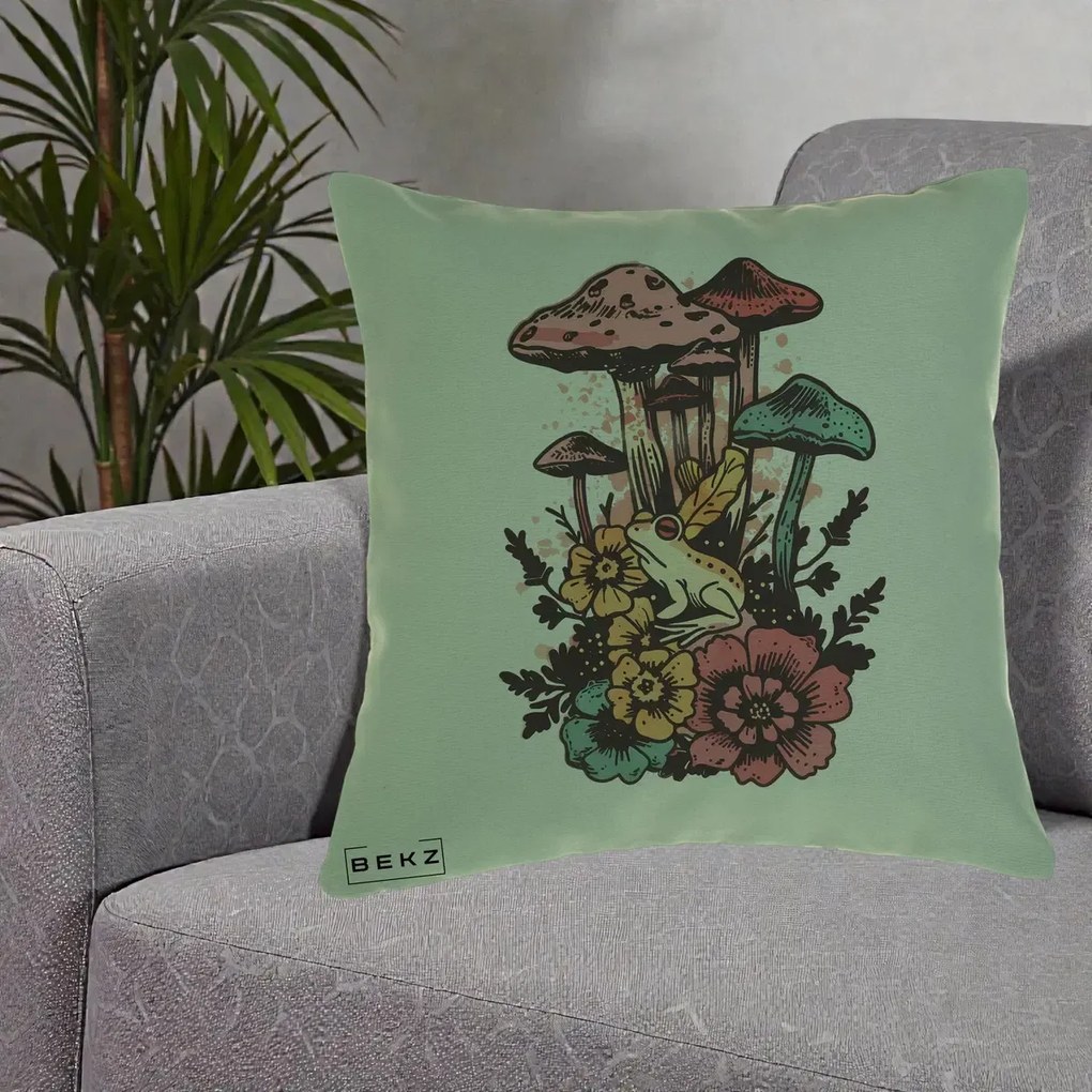 Perna Decorativa Ciuperci si Broaste Boho, 40x40 cm, Verde, Husa Detasabila, Perna Inclusa, BEKZ®