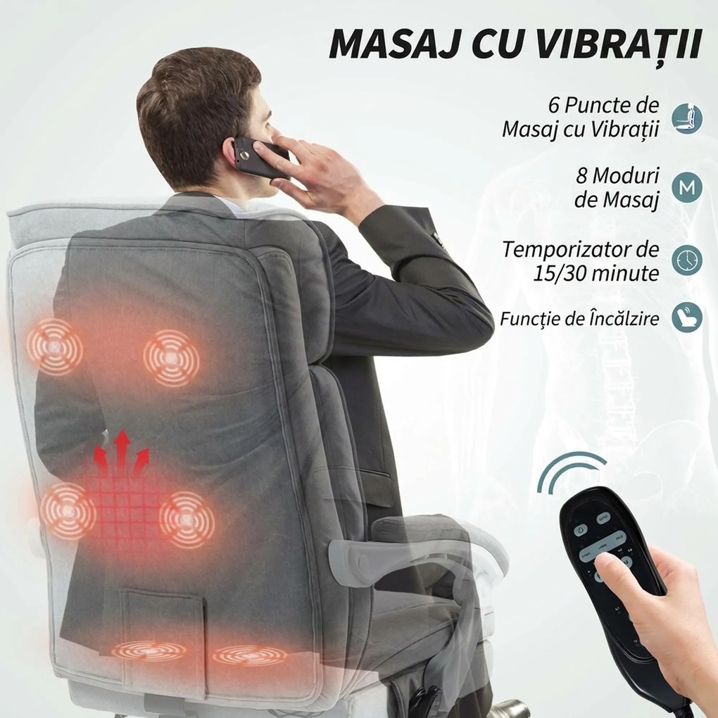 HOMCOM Scaun de Birou Masaj cu 6 Puncte, Încălzire și Suport pentru Picioare, Scaun Ergonomic Rabatabil Rotativ din Stofă Tip In Respirabil cu Telecomandă și Înălțime Reglabilă, Gri | Aosom Romania