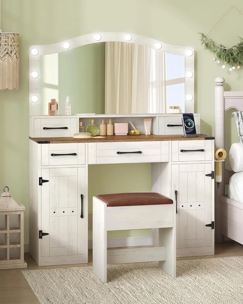 SEA818 - Set Masa toaleta 108 cm, cosmetica machiaj, oglinda cu LED, masuta vanity cu Priza, USB si Suport Uscator par, scaunel tapitat - Alb