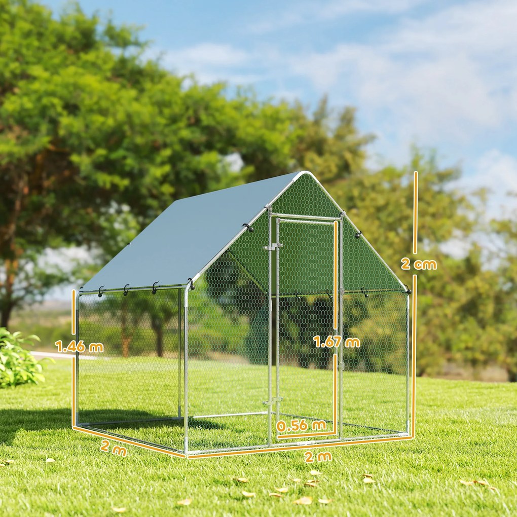 PawHut Coteț pentru Găini de Exterior, 2x2x2m 4 m² Țarc pentru Găini din Oțel Galvanizat cu Acoperiș Impermeabil Anti-UV și Încuietoare, Adăpost pentru 4-6 Găini, Animale Mici, Iepuri și Rațe | Aosom Romania