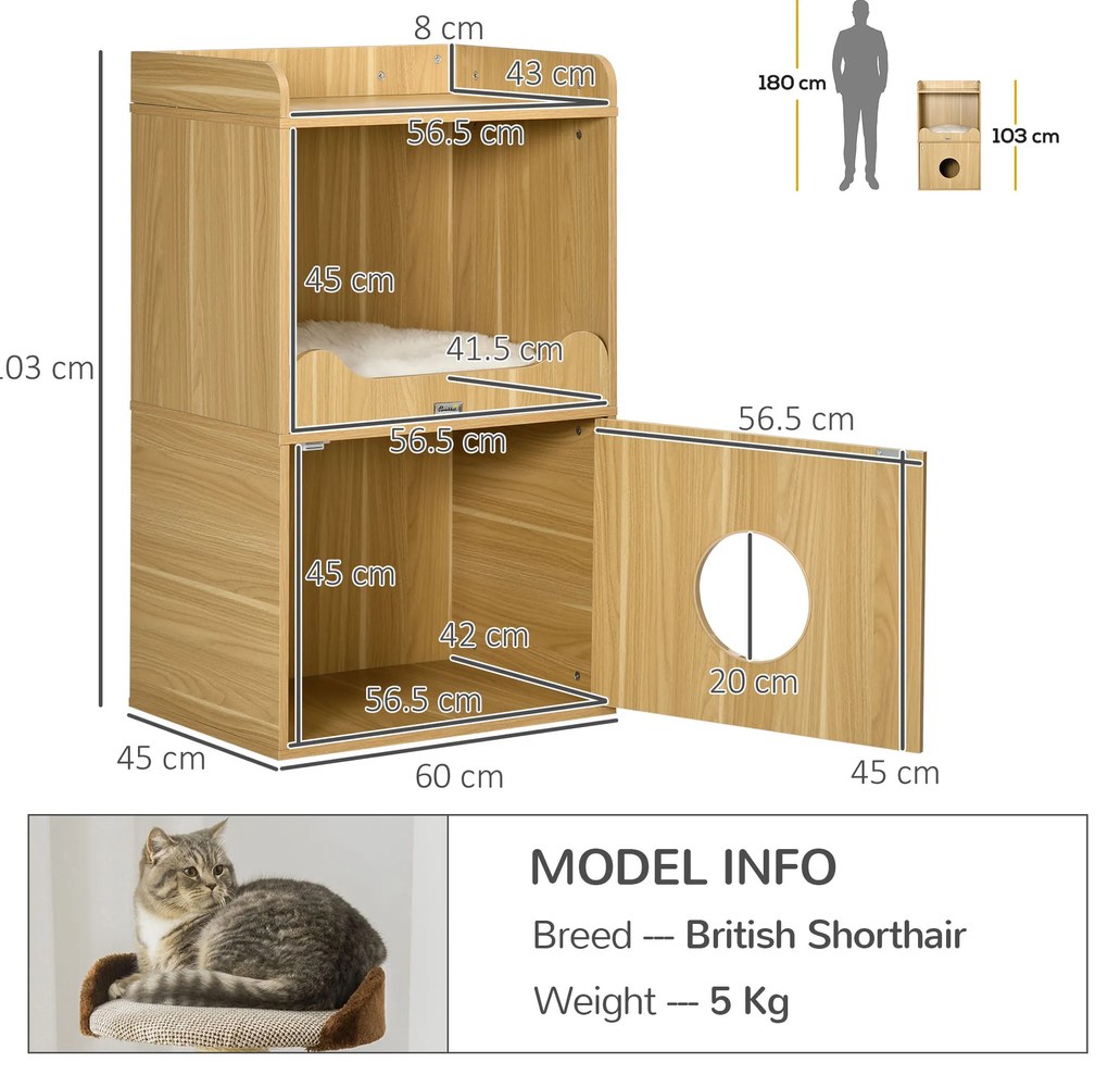 PawHut Casa de toaletă pentru pisici mobilier litieră pisică 3 nivele compartiment închis cu o ușă 1 pernă 60 x 45 x 103 cm | Aosom Romania