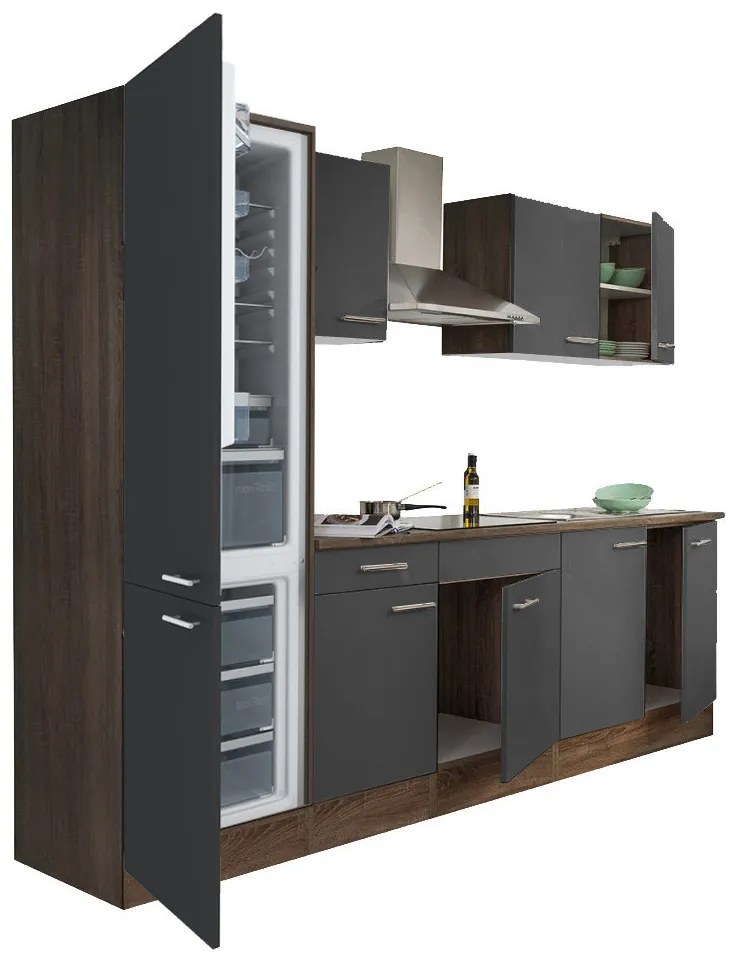 Mobilă de bucătărie Yorki 270, corp din stejar Yorki, față antracit satinat, frigider cu congelator în partea de jos