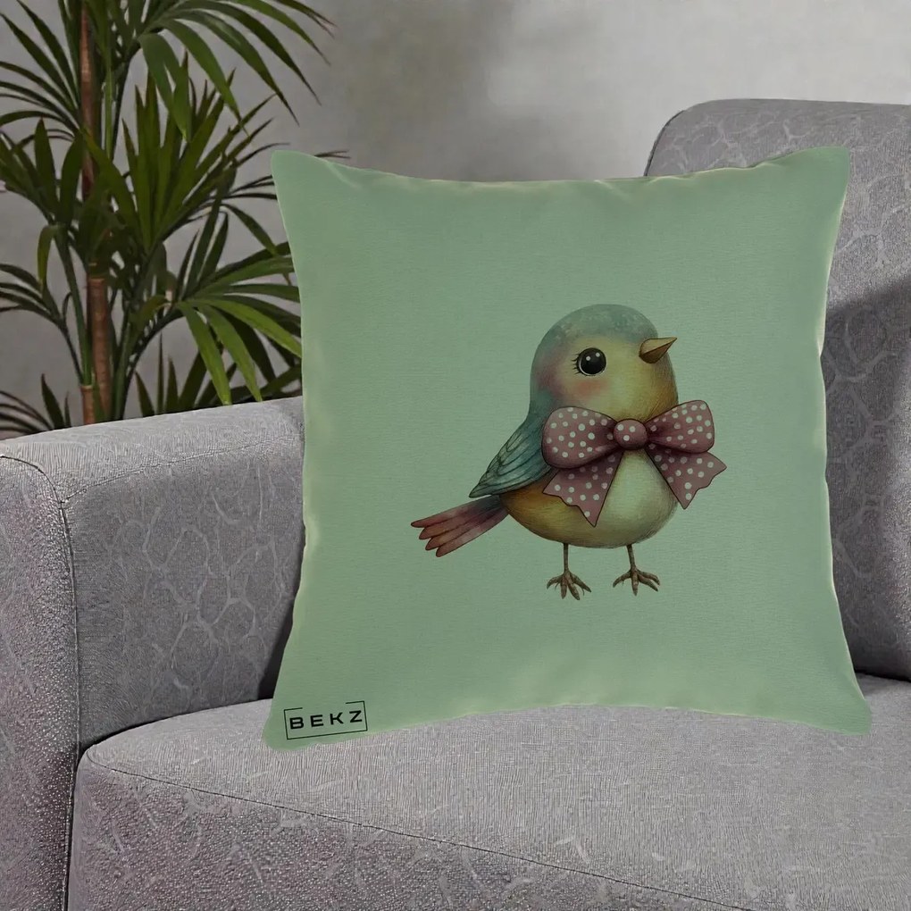 Perna Decorativa Pasare Bleu cu Fundita Roz, 40x40 cm, Verde, Husa Detasabila, Perna Inclusa, BEKZ®