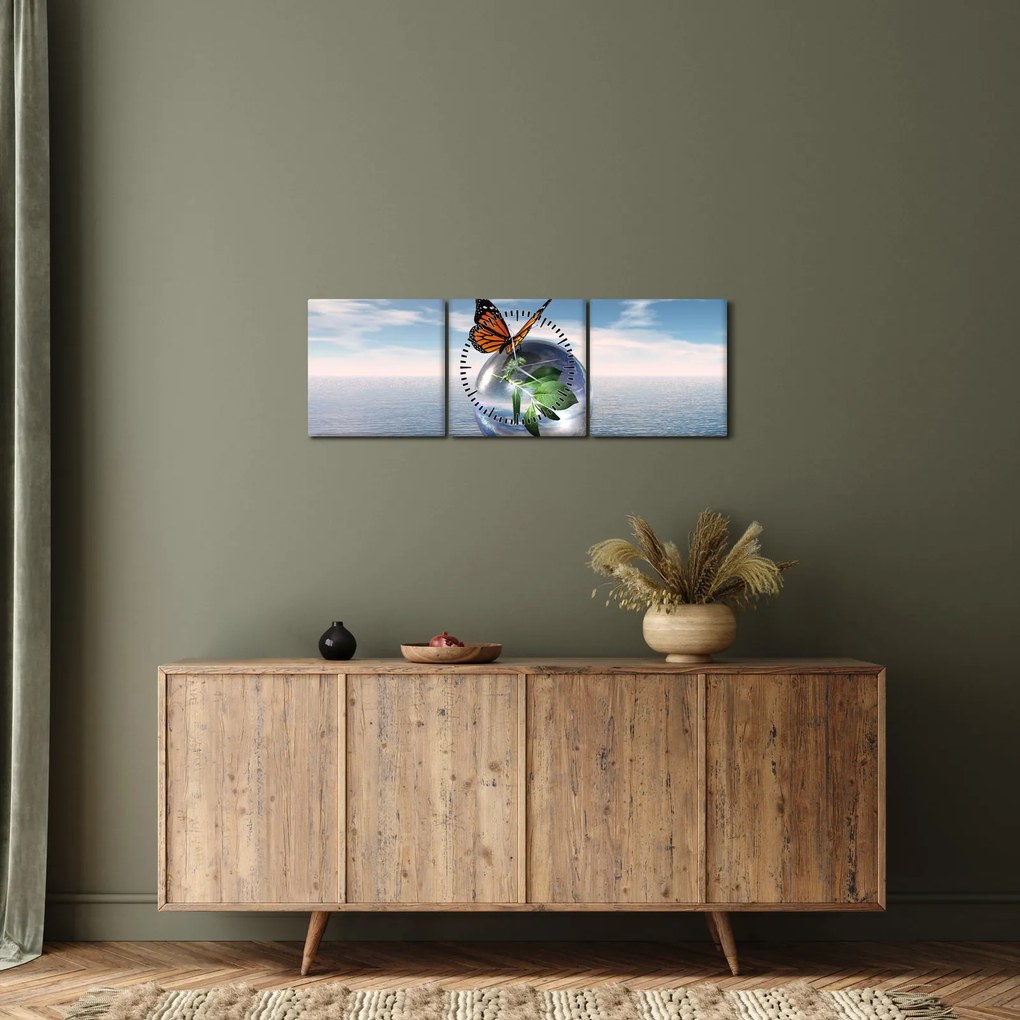 Tablou cu fluture pe bilă din sticlă (cu ceas) (90x30 cm)