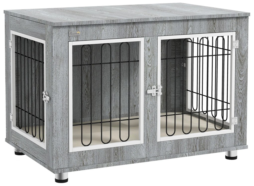 PawHut Cage pentru câini animale cușcă de câini pe picioare cu pernă detașabilă oțel aspect lemn 90 x 58 x 65 cm gri | Aosom Romania