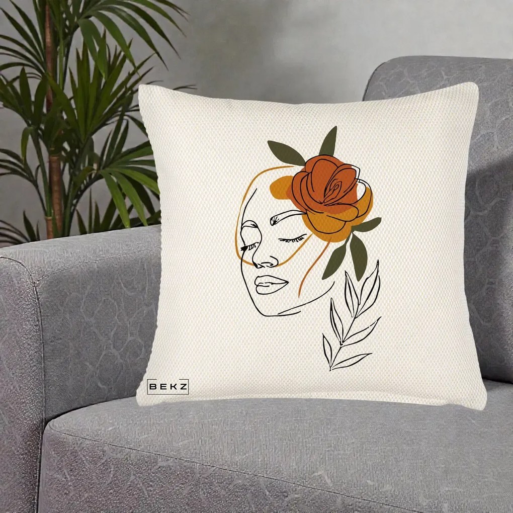 Perna Decorativa Portret Feminin Trandafir Ruginiu, 40x40 cm, Crem Reliefat, Husa Detasabila, Perna Inclusa, BEKZ®