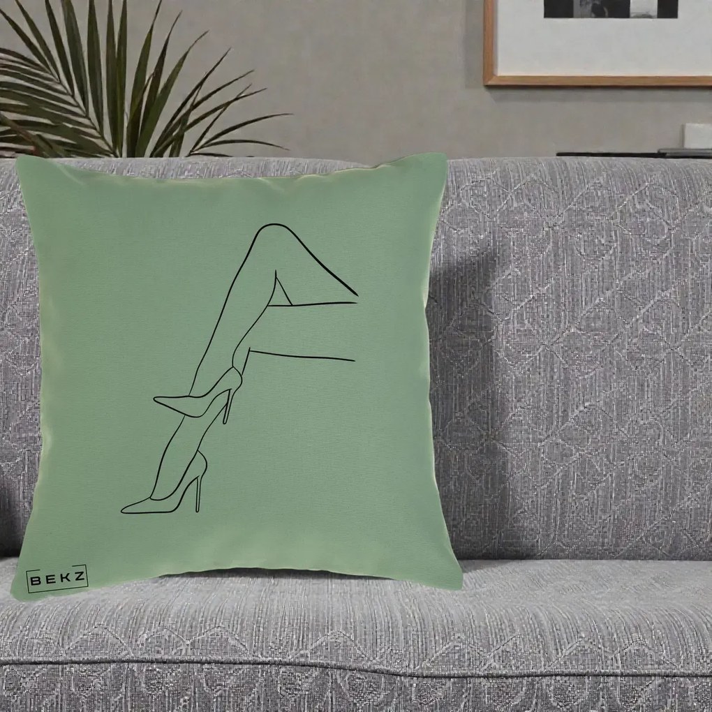 Perna Decorativa Picioare cu Tocuri Line Art, 40x40 cm, Verde, Husa Detasabila, Perna Inclusa, BEKZ®